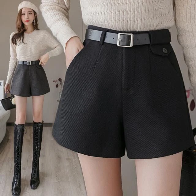 黑色毛呢西装短裤女外穿打底靴裤时尚高腰宽松休闲a字阔腿裤秋冬