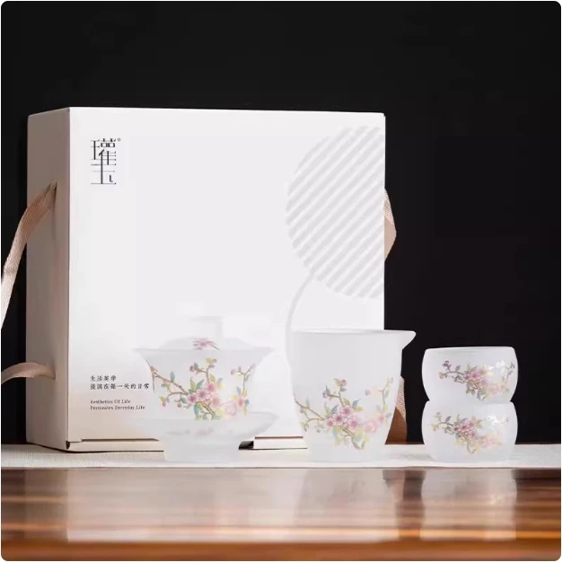 H0433-瓘玉春风桃李琉璃盖碗套装轻奢礼盒装伴手礼