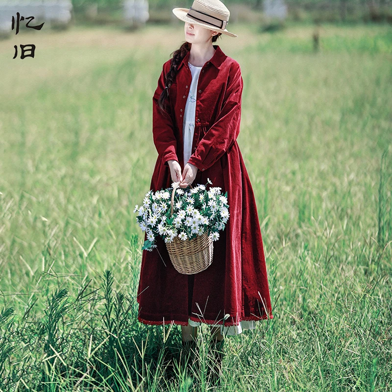 现货783【逾期心动】灯芯绒红色风衣女长款2025秋衬衫领裙摆式外套