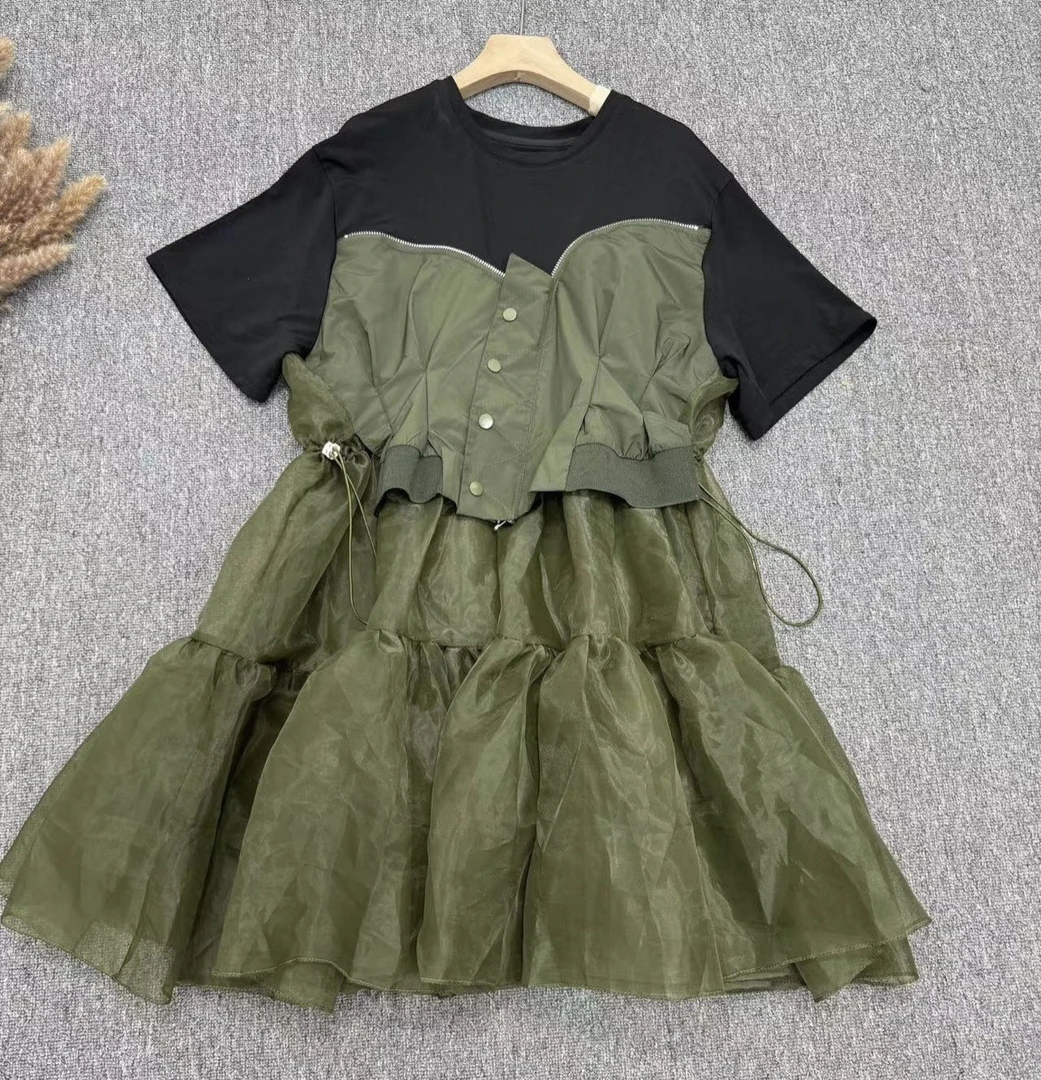 欧货女装原创不撞衫夏季新款拼接网纱小众减龄抽绳收腰显瘦连衣裙