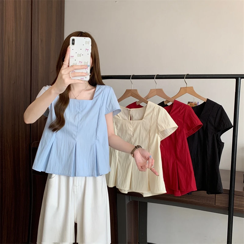 大码女装夏季新款爆款休闲时尚纯色方领短袖显瘦遮肉上衣