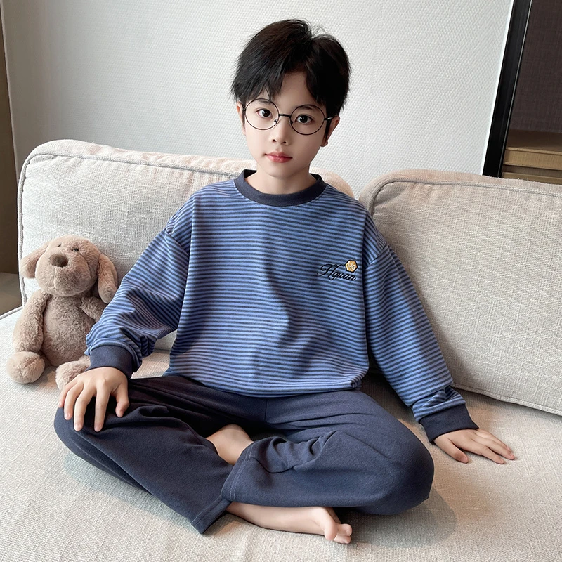 男童秋冬装长袖德绒睡衣中大童条纹家居服儿童宽松休闲套头两件套