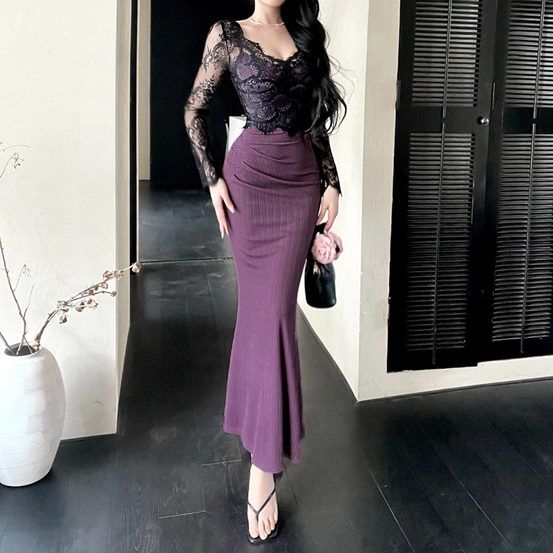 御姐轻熟风韵味紫蕾丝罩衫连衣裙套装新款纯欲褶皱修身显瘦鱼尾裙