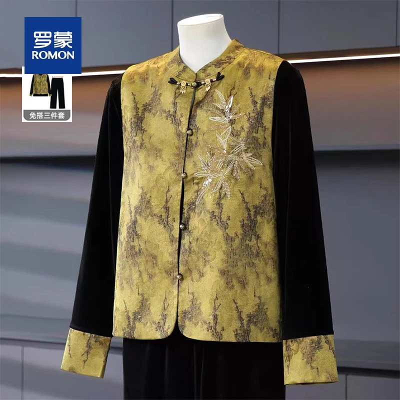罗蒙中老年人女装2025春秋季新款国风妈妈套装女丝绒三件套上衣服