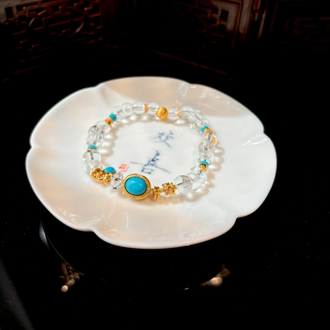 白水晶绿松石大肠手串  18k金 2292