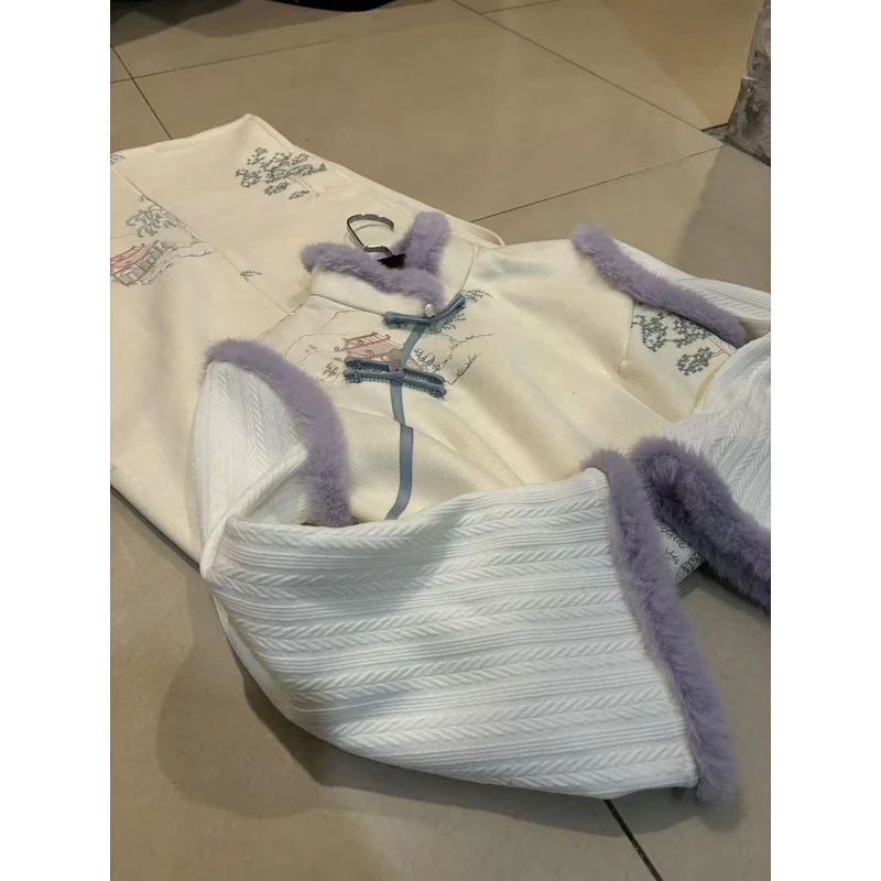 1488 米色 拼接 紫毛 【楼阁】 旗袍