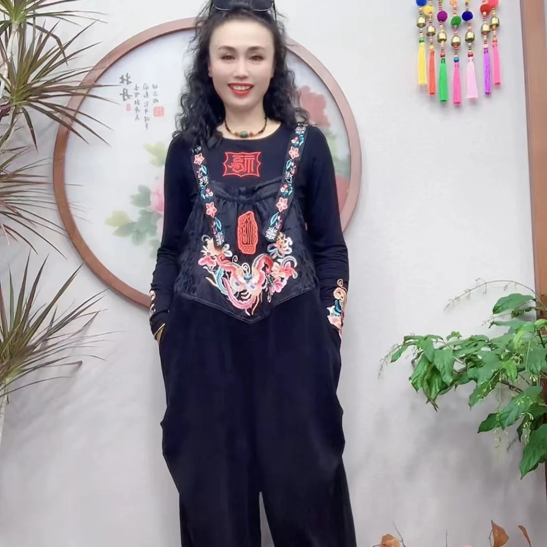 细纹雪尼尔刺绣背带裤原创服饰女背带裤76