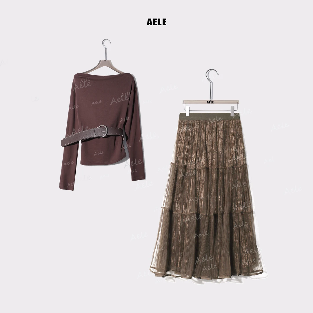 AELE松弛感轻奢套装气质松紧带上衣+显瘦褶皱半身裙 D853 2552 AD