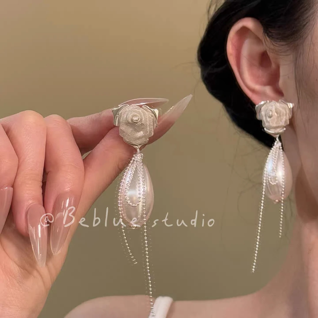 非金属仿珍珠耳饰 黛玥浮光~法式高级感珍珠流苏耳钉花朵耳环耳坠