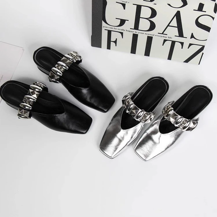 2025年夏季内增高外穿包头拖方头一字带半拖甜酷英伦风金属单鞋