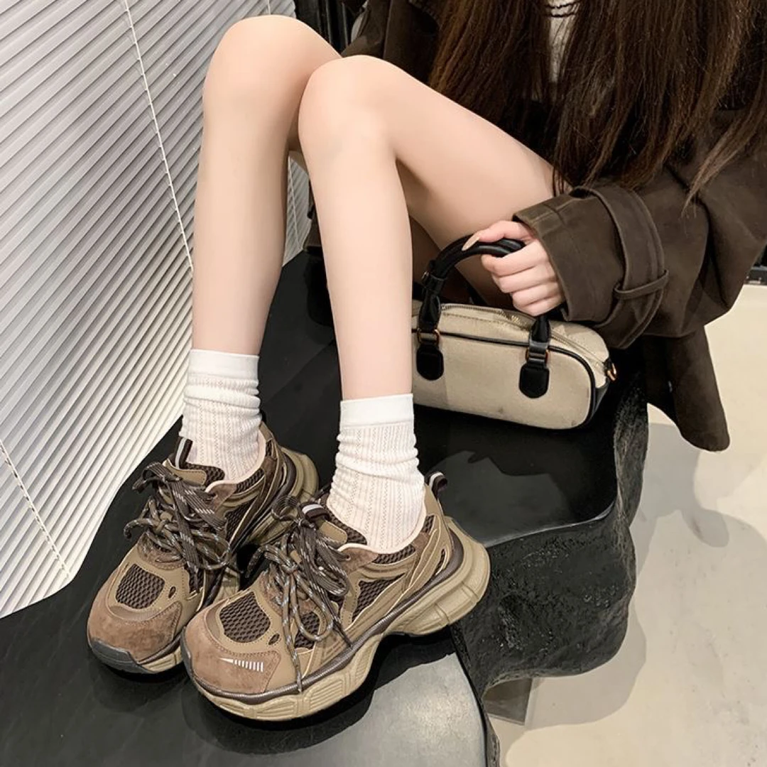 厚底真皮网面老爹鞋女2025秋季新款休闲小众复古运动鞋666-18