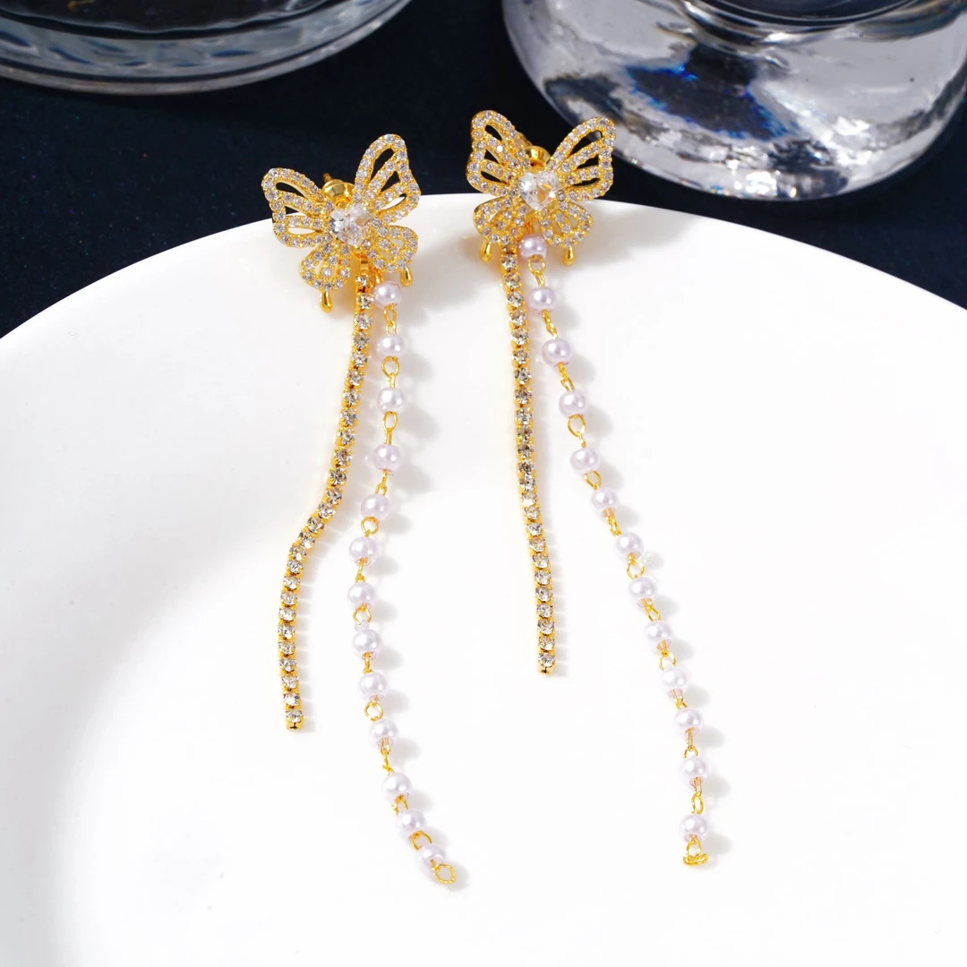 铜合金耳饰 银色甜美蝴蝶欧美耳环满钻长款小众优雅PT0649