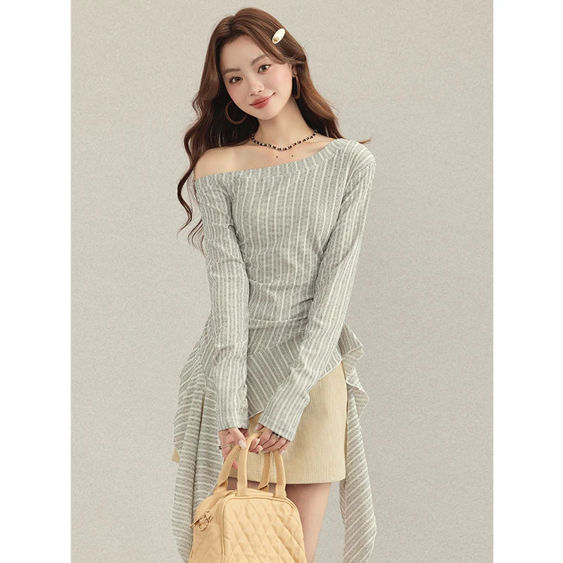 高妍知不规则设计感斜领长袖针织衫女早秋季修身显瘦收腰气质上衣