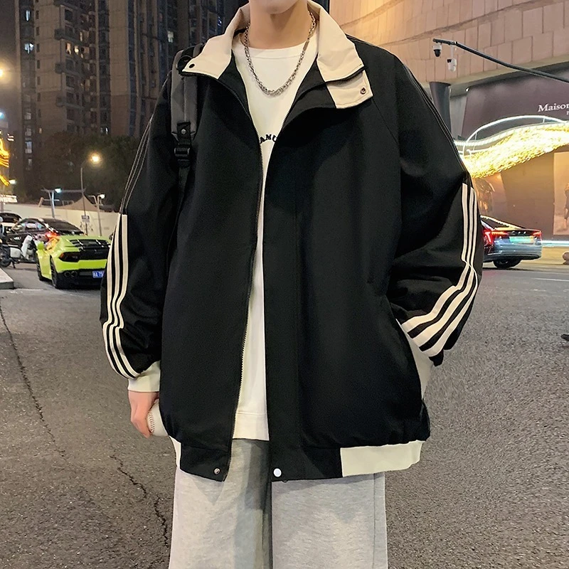 秋季夹克男拉链立领无帽宽松潮流春秋款男生外套侧条纹休闲运动风