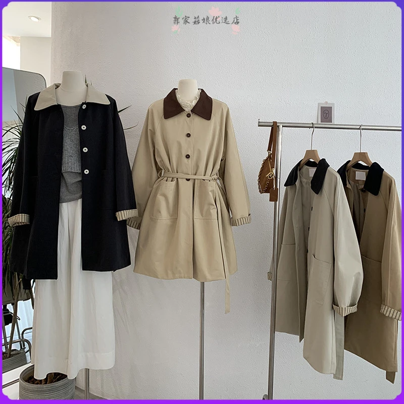 欧2中长款撞色春季洋气新款外套风衣时尚长袖拼接韩版女装女若风