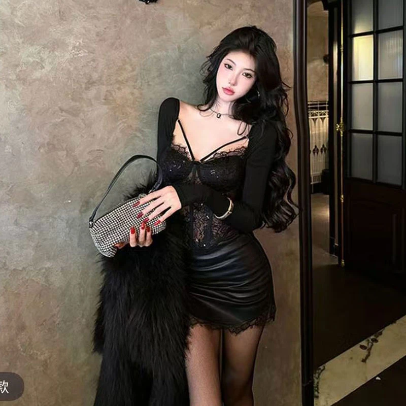 2025秋季新款性感纯欲辣妹法式轻奢蕾丝鱼骨胸衣包臂半裙御姐套装