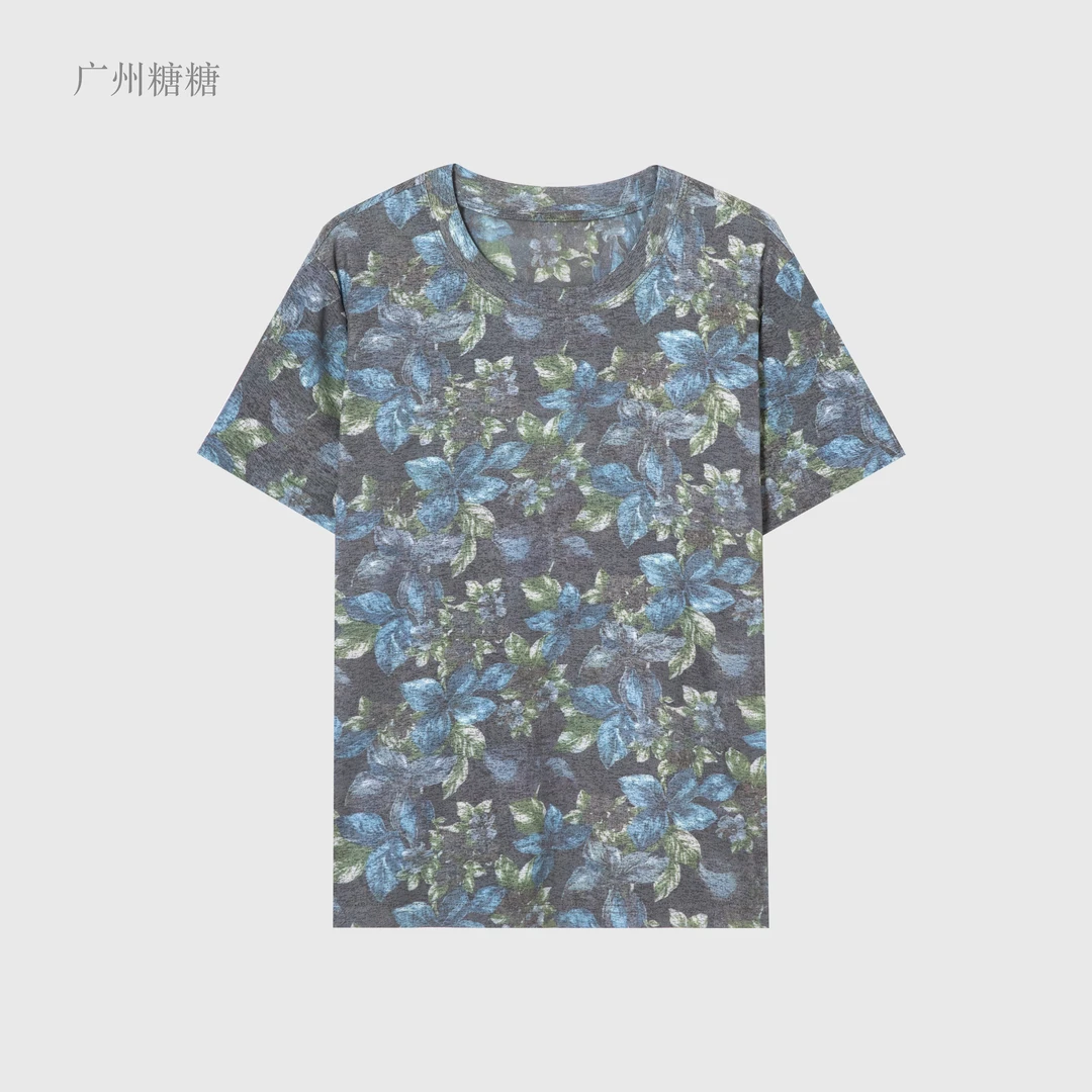 秋季2025新款100D罗纹竹节冰麻面料时尚百搭印花圆领T恤【7053】TT