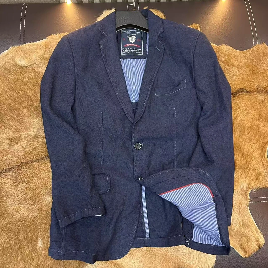 外贸 雅痞脏脏风 亚麻面料 男士修身西服西装上衣 植物染色