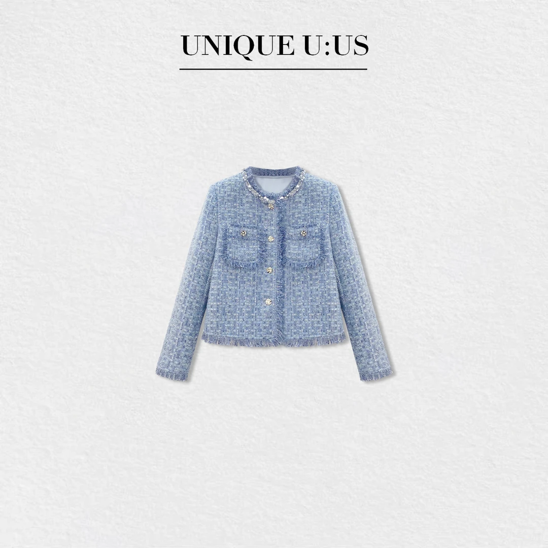 UNIQUE U:US【蓝金秀场】蓝色小香风编织花呢春秋女装外套259318