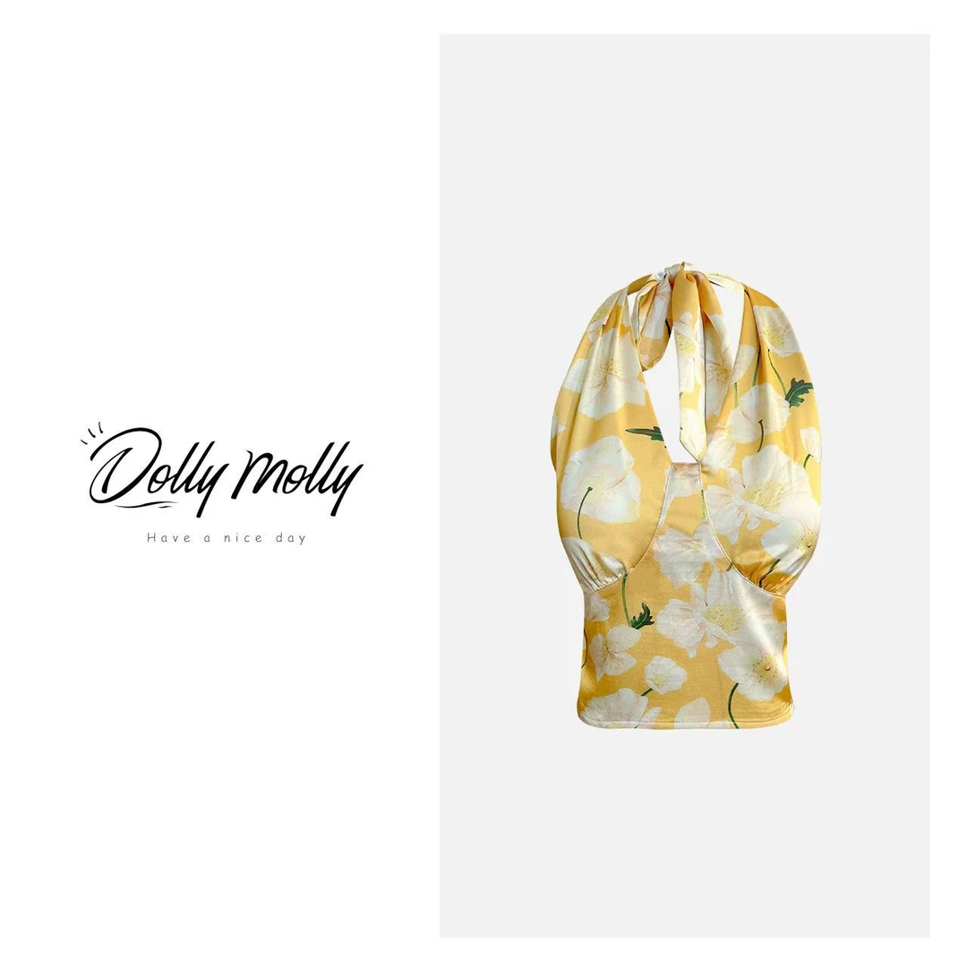 DOLLY&MOLLY甜辣妹黄色缎面印花挂脖背心吊带夏秋露背时尚百搭248