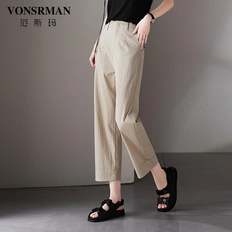 VONSRMAN2025夏季新款流行百搭高腰显瘦卡其九分休闲裤女直筒裤子