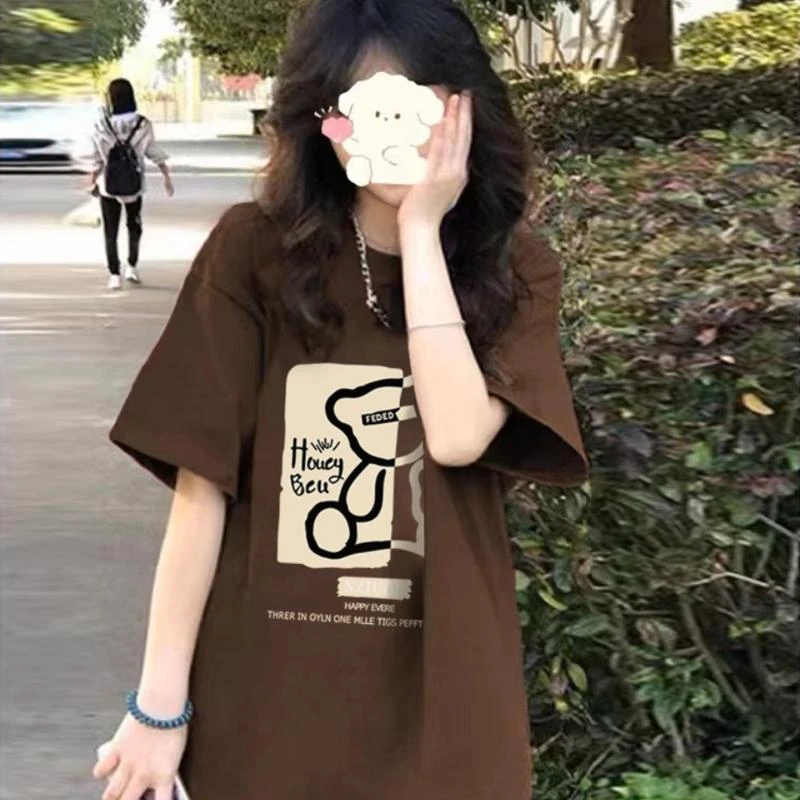 【220纯棉】复古港风落肩短袖T恤女卡通创意减龄小熊设计感夏季上衣