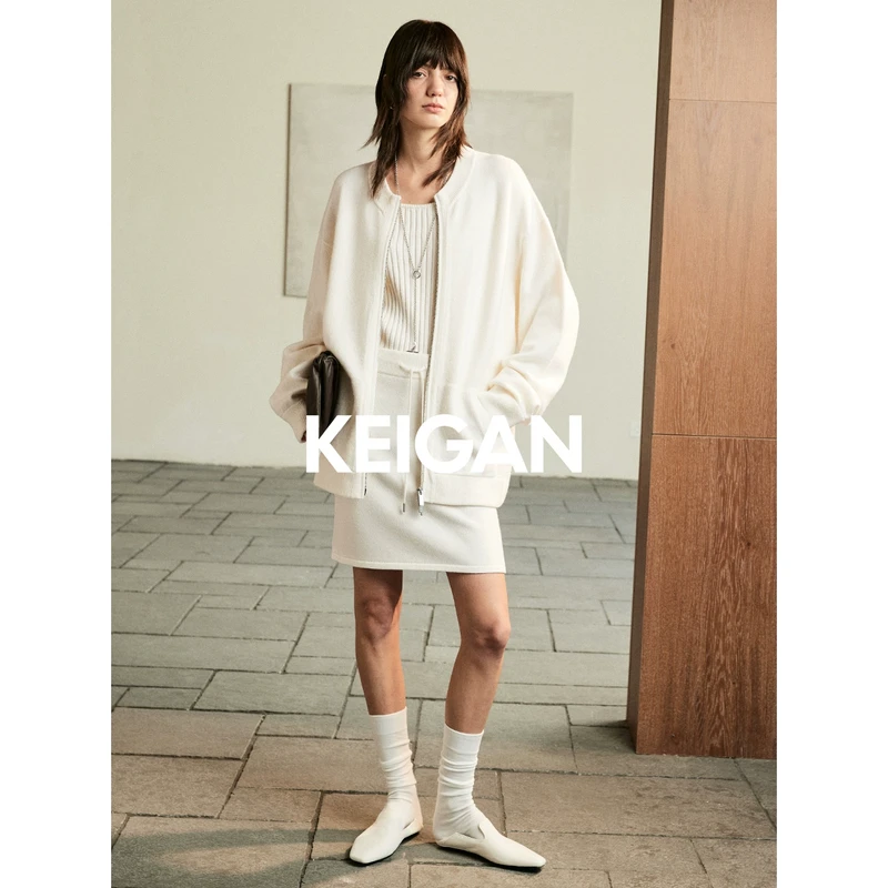 KEIGAN/开间极简慵懒亲肤舒微笑领吊带半裙开衫三件套复古