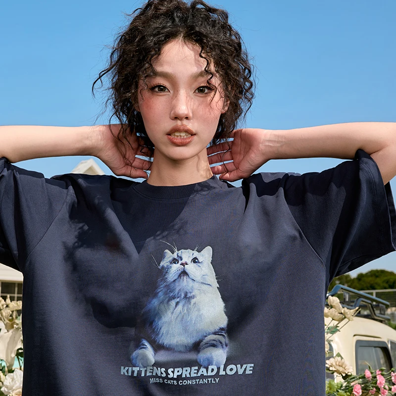 Nuthink潮牌猫咪印花短袖T恤美式复古宽松半袖情侣男女2025夏新款