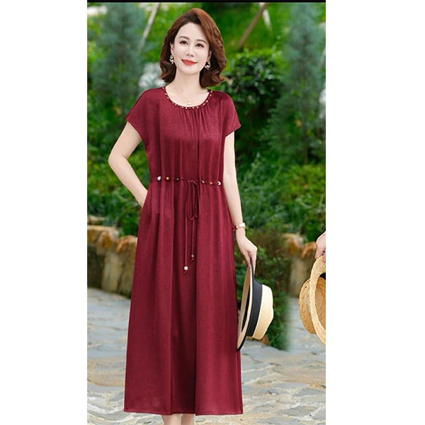 夏季新款气质中老年妈妈装连衣裙时尚洋气圆领钉珠宽松显瘦过膝