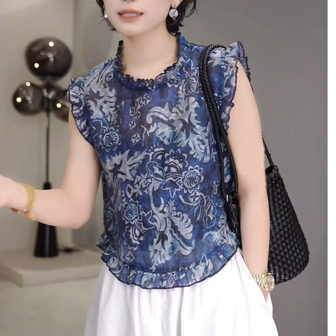 显瘦衬衫木耳宽松无袖碎花圆领国风复古女士夏季时尚小衫