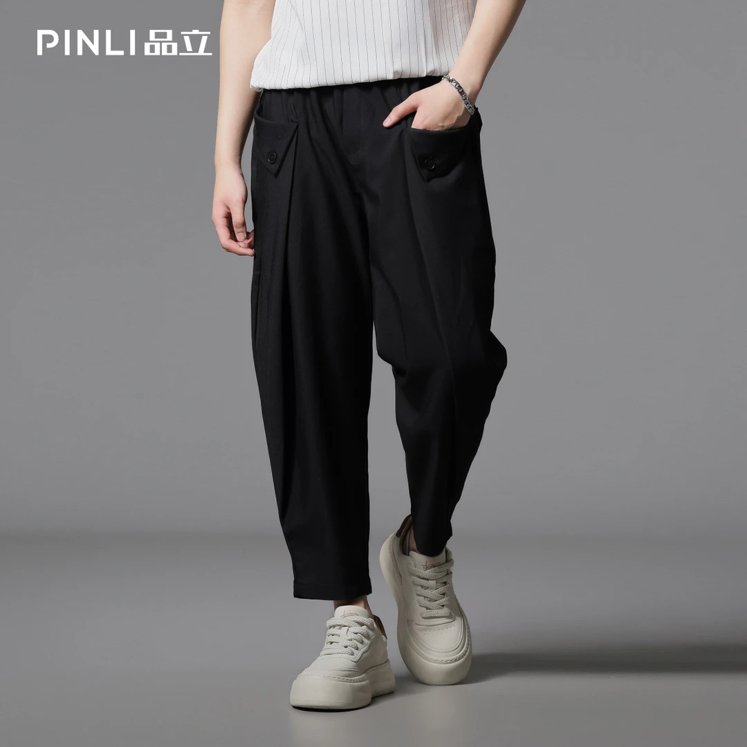 PINLI品立夏季男宽松九分裤百搭时尚黑色束脚休闲裤B252117075
