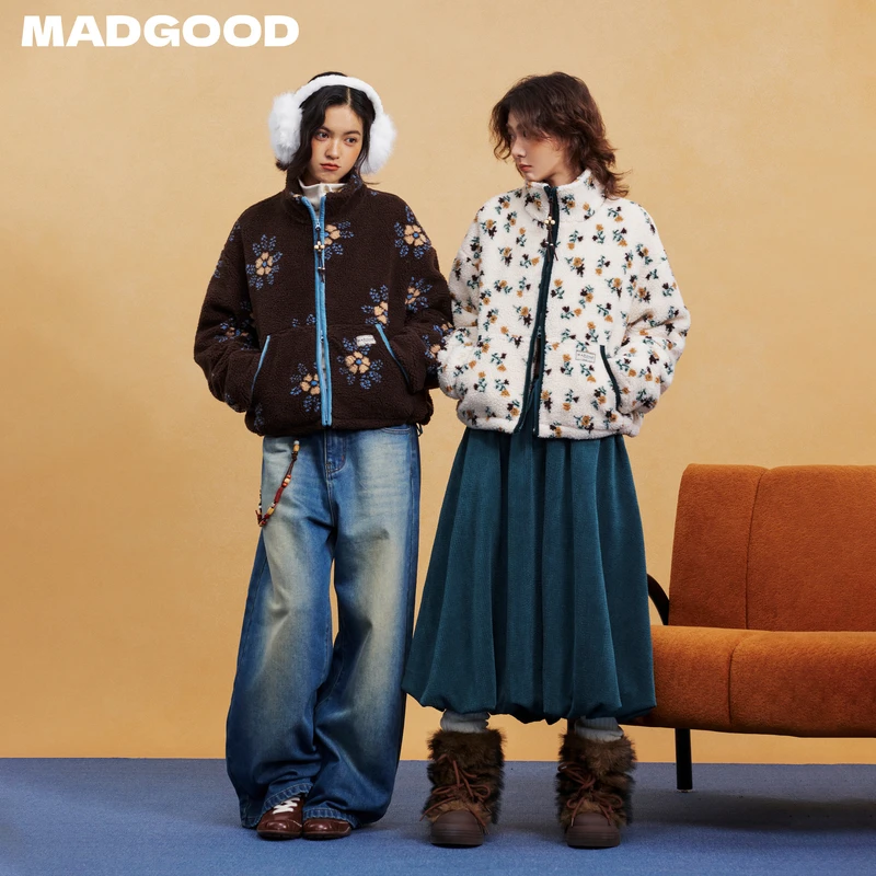 madgood马得工地日系百搭小碎花撞色包边羊羔绒外套MDGDWT14903