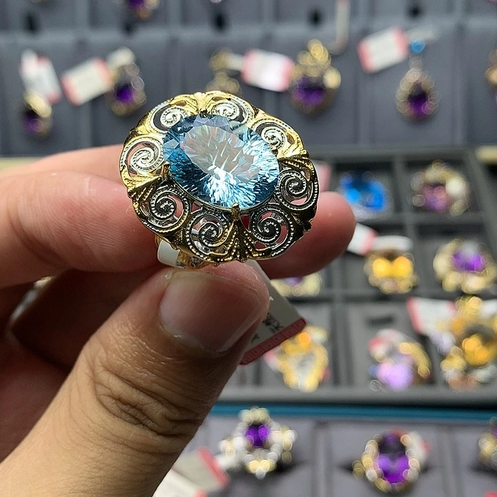 银S925镀金镶嵌戒指托帕石玫瑰款