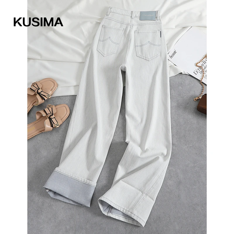 白灰色窄版阔腿牛仔2025秋季新款小众刺绣高腰宽松显瘦百搭直筒裤
