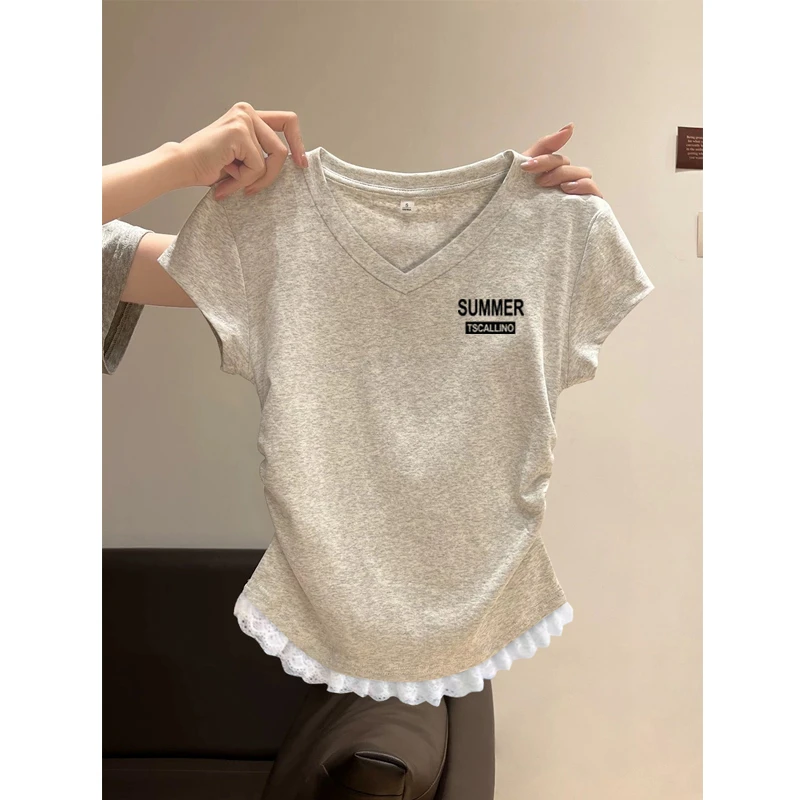 清仓捡漏~正肩拼接蕾丝花边T恤短袖女2025新款修身小众显瘦上衣潮