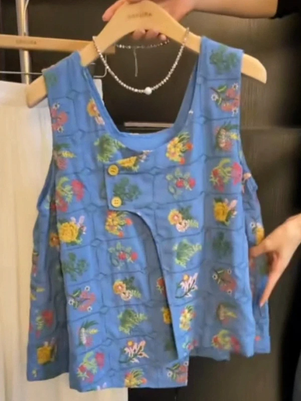 夏季2025新款复古u领不规则刺绣碎花背心女气质衬衫外穿无袖上衣