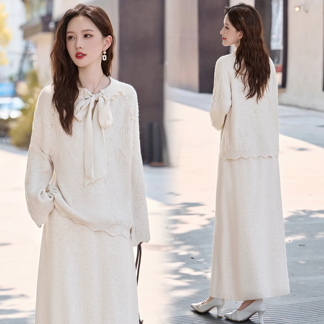 法式名媛风钉珠针织套装裙女2025春秋新款温柔风气质半身裙两件套