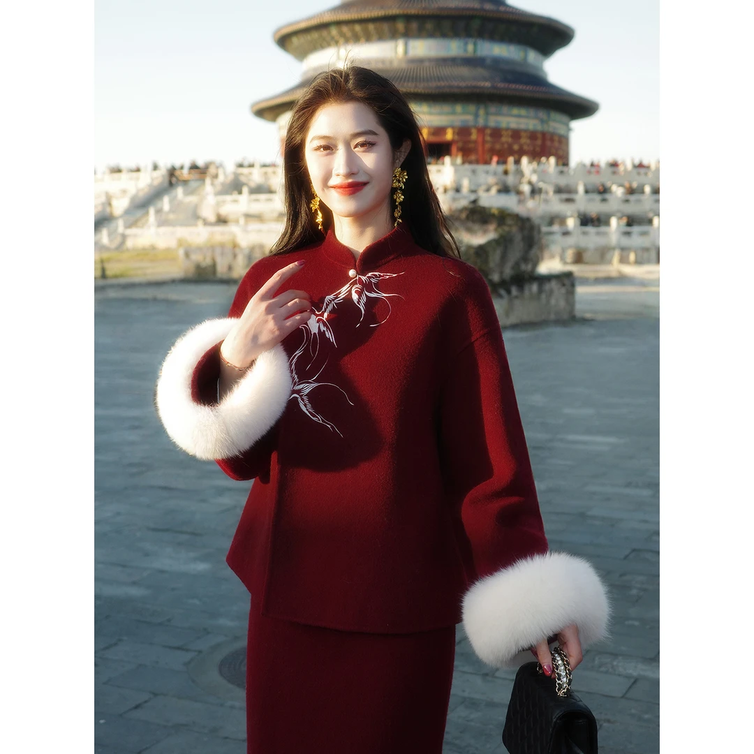 凌茜恣禾【赤袖云鹤】新中式双面呢加厚套装冬季毛毛外套直筒半身裙