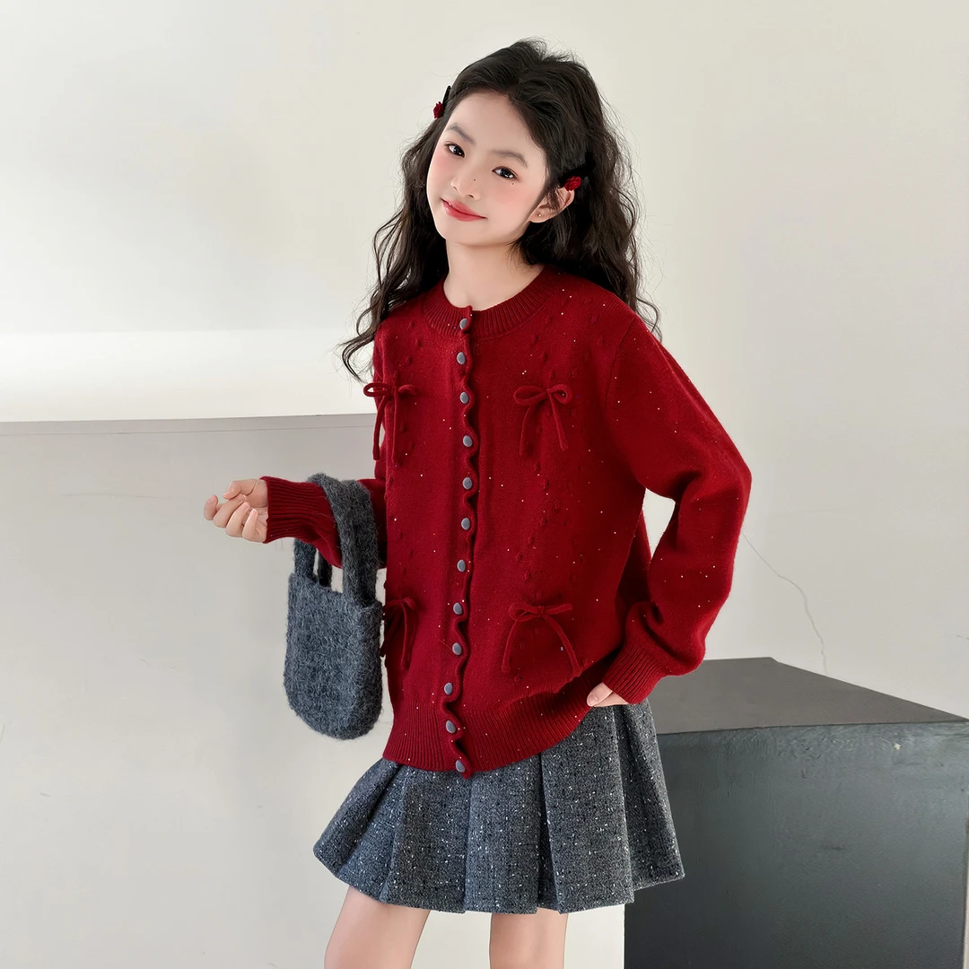 潮女童波浪边蝴蝶结毛衣开衫洋气中大童甜美女孩冬季针织上衣红色