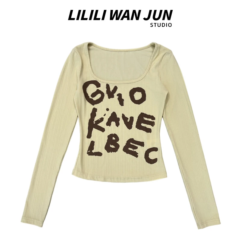 【婉君】 秋款字母百搭显瘦辣妹修身长袖打底T恤上衣LWJ24C3T1636