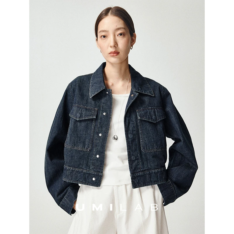 UMILAB｜蓝岸*强推lem*re 100%棉短款廓形深蓝色牛仔外套OC953W