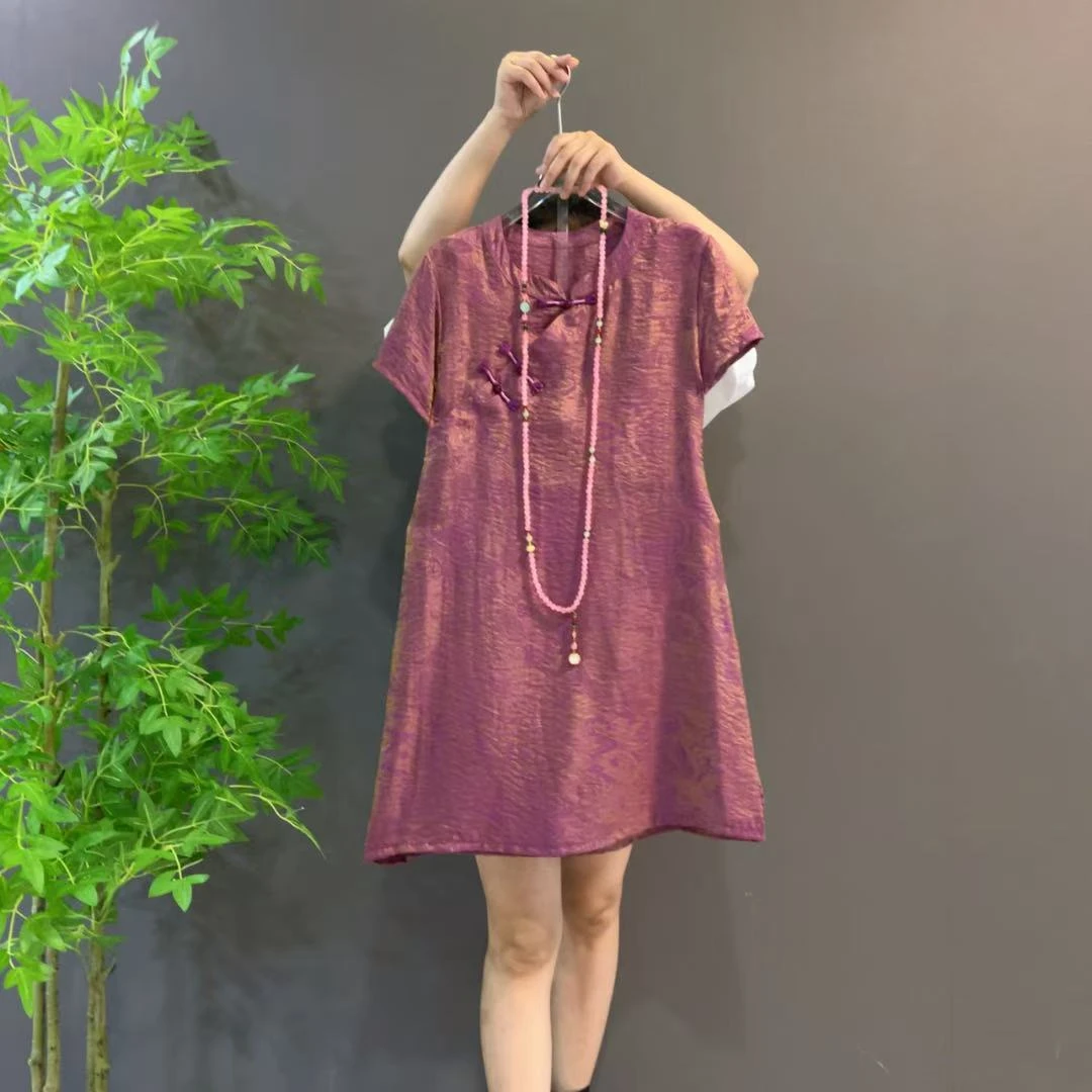 2512夏季高级感薄款国风圆领盘扣新中式浮光渐变色个性大码连衣裙