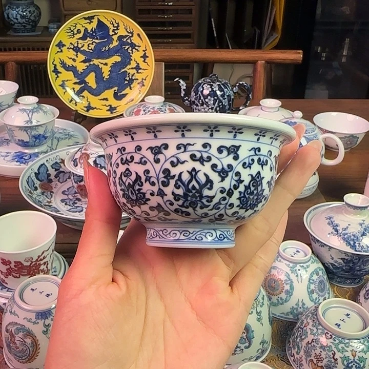 重工柴窑烧制缠枝莲压手杯纯手绘
