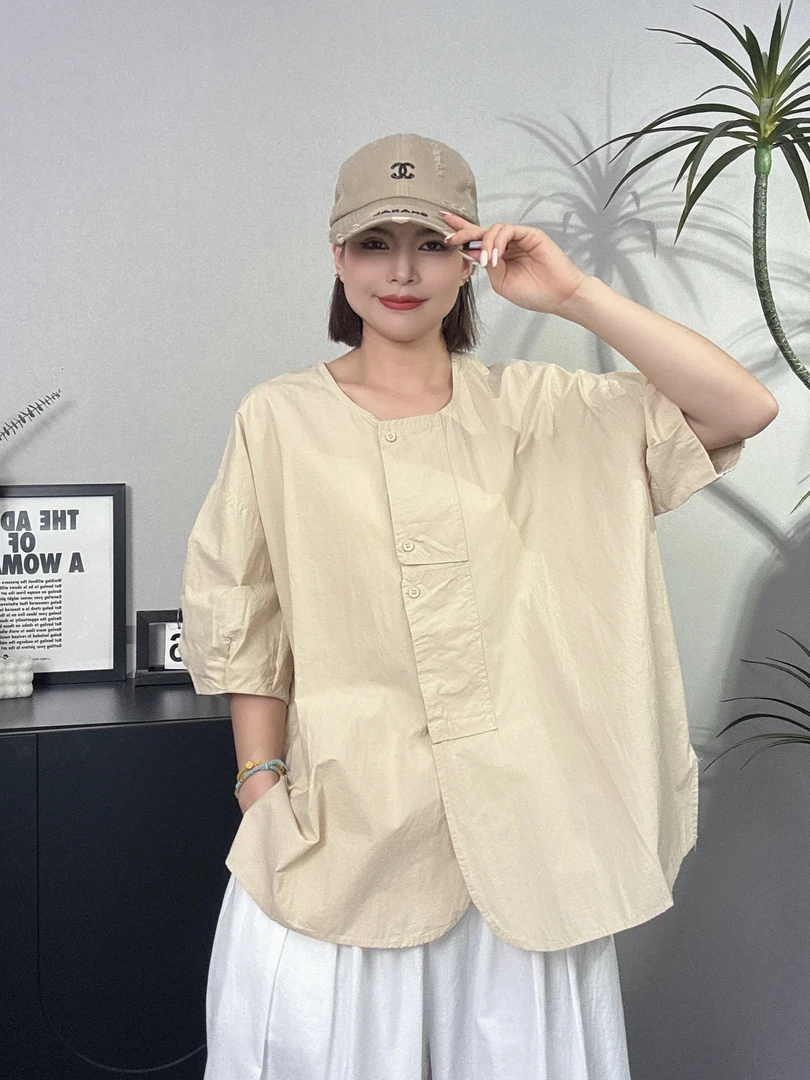 婉倾（圆领小衫）双门襟夏季新款大码设计感小众慵懒风纯色百搭