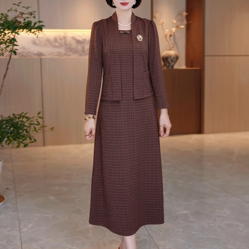 气质高端假俩件千鸟格连衣裙2025秋季新款时尚收腰显瘦高级感裙子