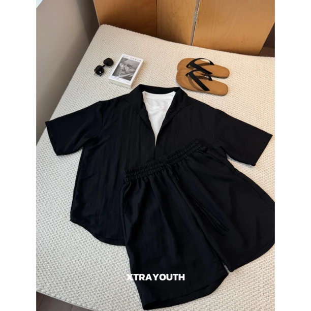 XY【天丝亚麻套装】天丝莱赛尔假两件短袖T恤宽松凉感套装短裤