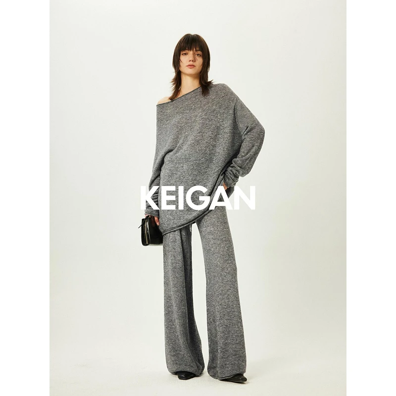 KEIGAN/开间松软轻盈羊毛慵懒卷边露肩一字领莲雾半裙针织3件套