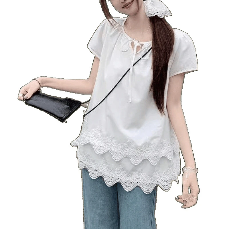 2025夏季新款法式甜美薄款花边蕾丝短袖独特衬衫衬衣宽松甜美上衣