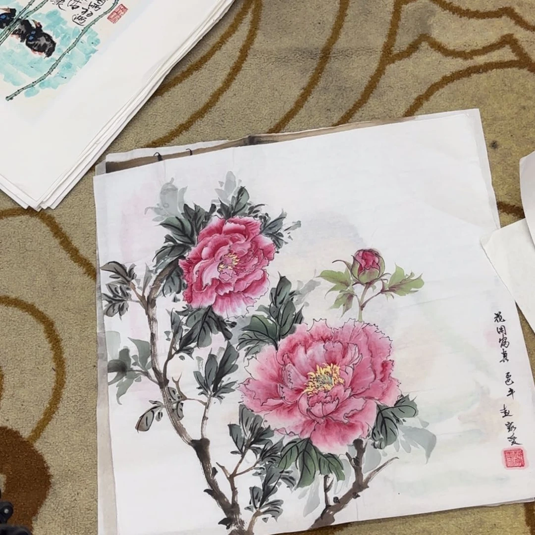 国画赵家爱斗方花鸟童