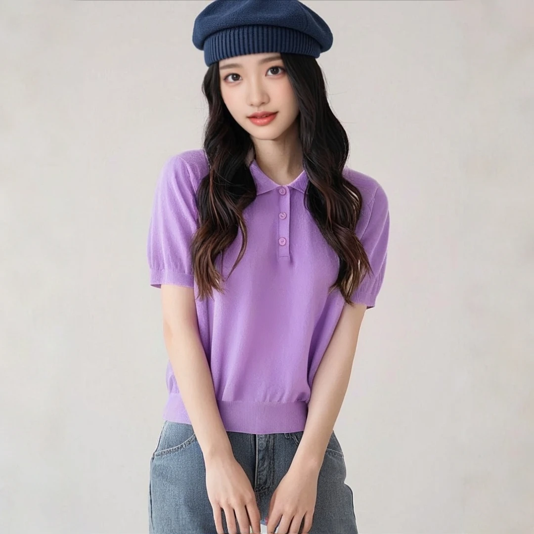 《040》毛针织衫女上衣POLO领短袖轻职风夏季设计感